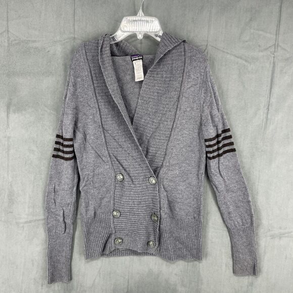 Patagonia Cardigan Sweater Womens Small Gray Lambswool Button Up Hooded Knit - Picture 1 of 11